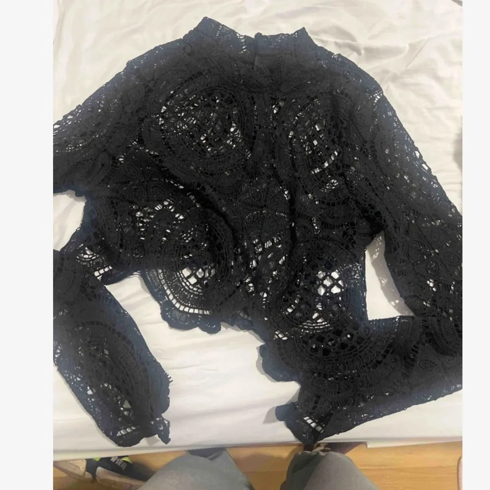 Luxe Sheer Mock neck Flared Long Sleeve Lace Blouse